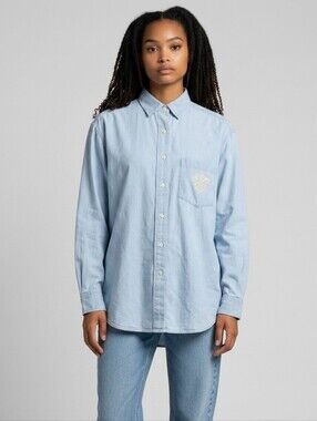 90s Bill Blass Unisex Chambray Button-Down Shirt with Embroide. Med.